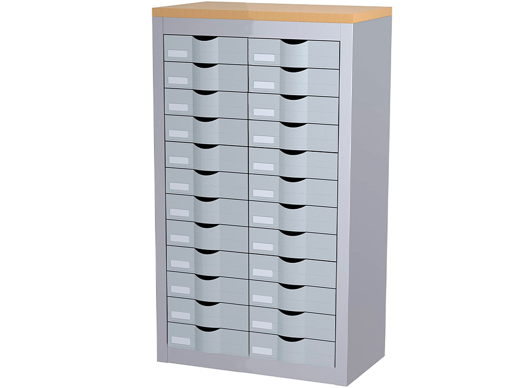 MEUBLE TIROIRS PAPERFLOW 2 COLONNES 24 TIROIRS           POLYSTYRENE GRIS PLATEAU      MELAMINE HETRE ETIQUETTES
