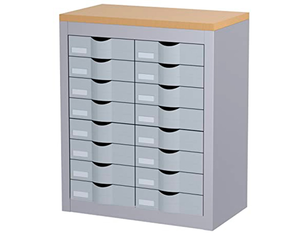 MODULE PAPERFLOW 2 COLONNES 16 TIROIRS POLYSTYRENE        PLATEAU MELAMINE HETRE        ETIQUETTES 75X60,5X33,5CM