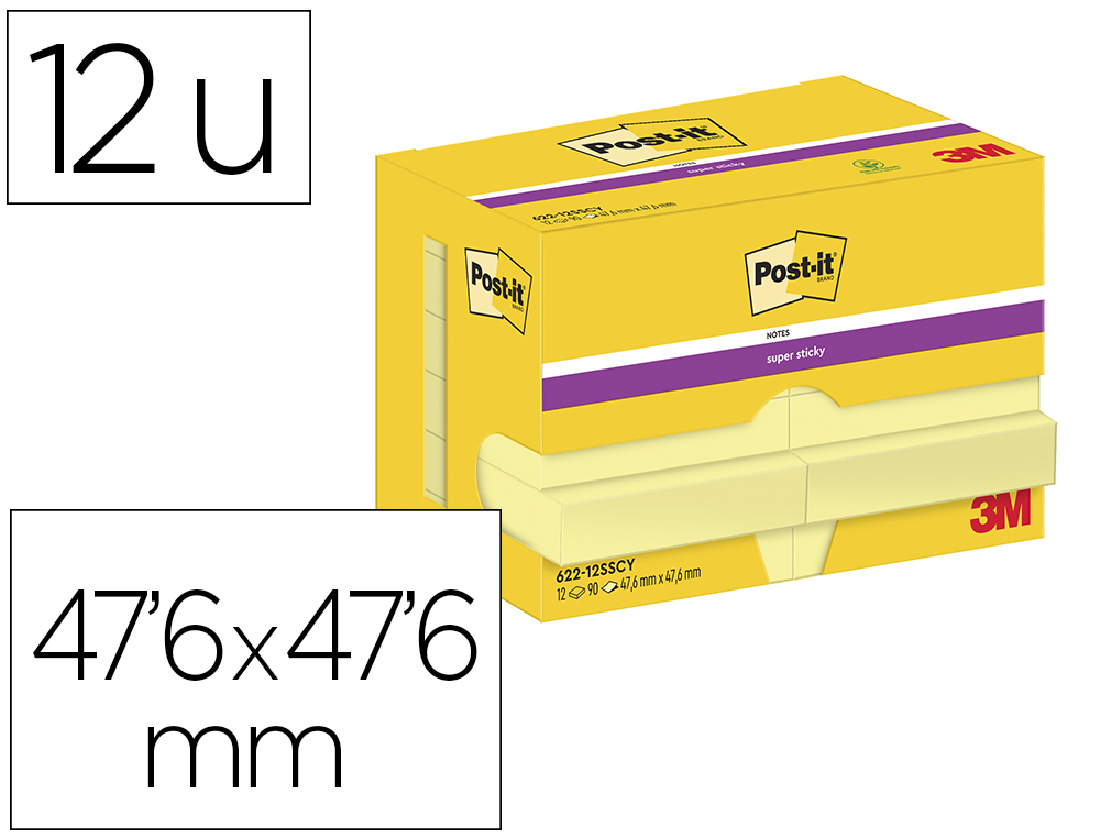 BLOC-NOTES POST-IT SUPER STICKY 51X51MM 90F REPOSITIONNABLES COLORIS JAUNE   622-1255CY