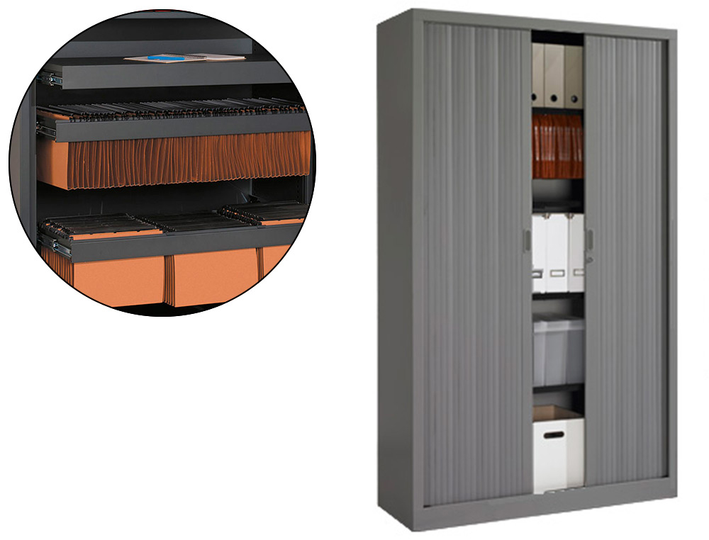 ARMOIRE MONOBLOC A RIDEAUX PVC NON FEU M1 EOL 4 TABLETTES H198CM L120CM P43CM CORPS ET FINITION COULEUR ANTHRACITE